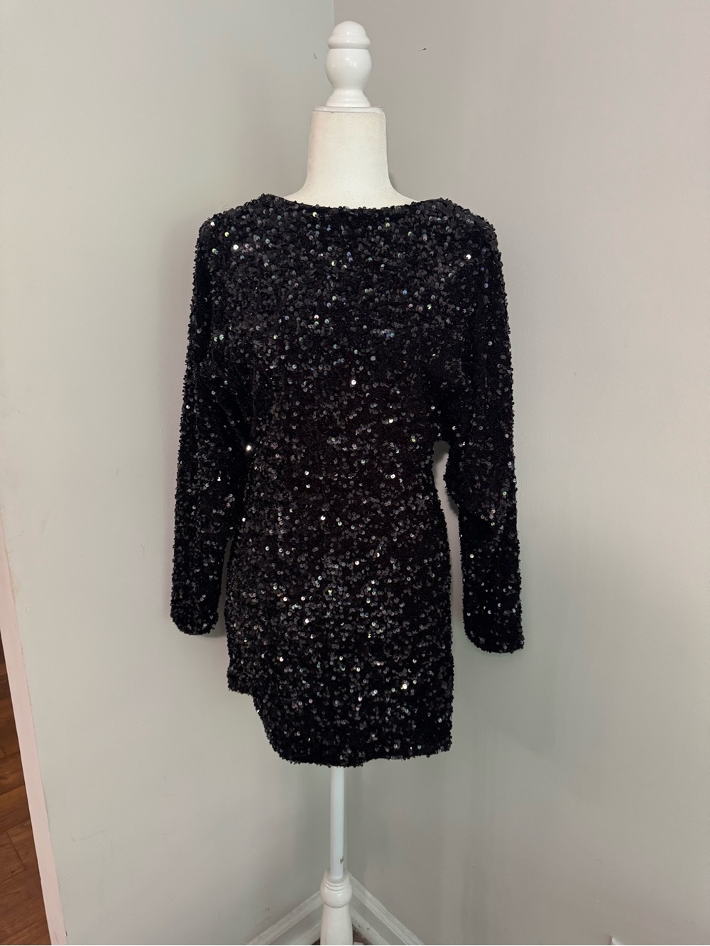 MNG Mango Black Sequin Cocktail Dress Size 4 Dolman Sleeve Party Mini Dress
